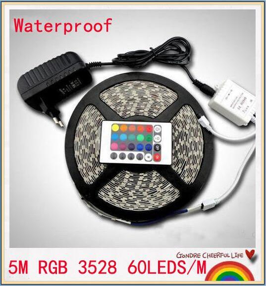 

5m RGB led strip SMD 3528 Waterproof 300 Led Strip Light + 24 Keys IR Remote+12V 2A power supply free shipping