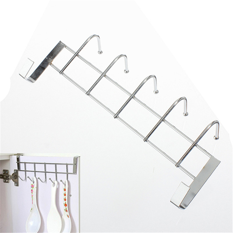 

Wholesale-5 Hooks Stainless Steel Over Door Home Bathroom Kitchen Coat Towel Loop Hanger Rack Holder Shelf High-Grade