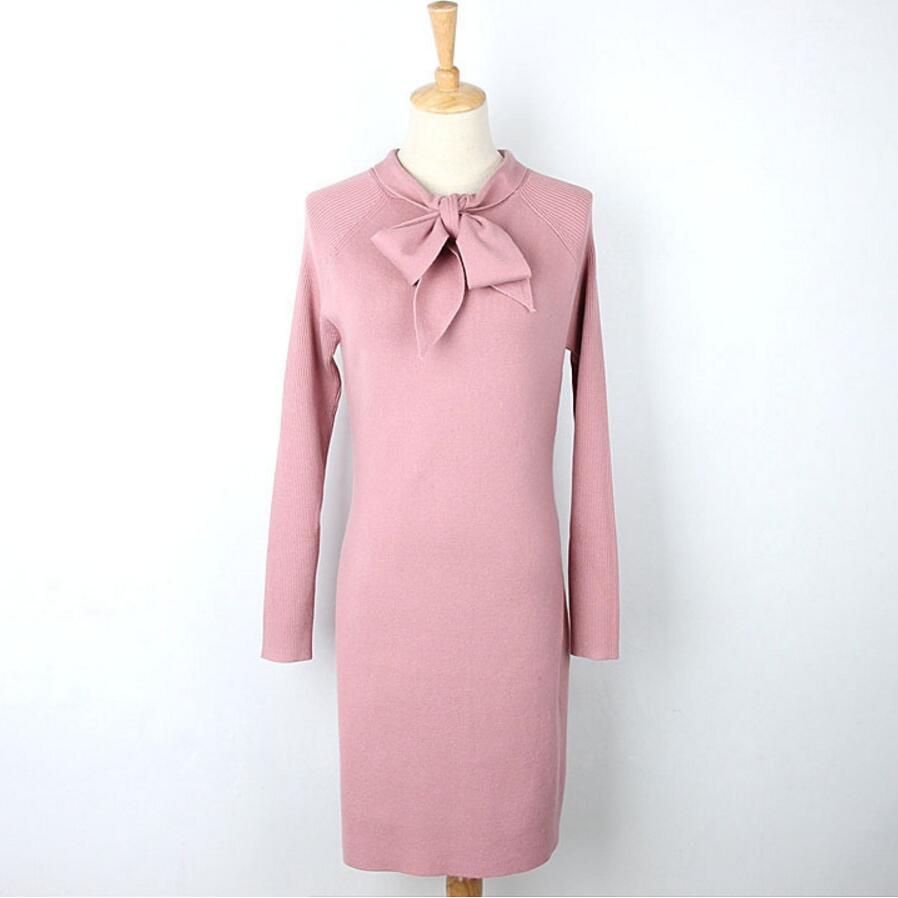 Vente en gros - 2017 NOUVEAU Automne et hiver Robes à manches longues Rose Black Bow Sweet Sweet Pull Robe Femme Coréen Sweater Tricoté Casual Pu