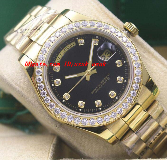

Luxury Watches Mens 18k Yellow Gold Black Dial Diamond Bezel Watch 18338 Automatic Fashion Brand Men's Watch Wristwatch