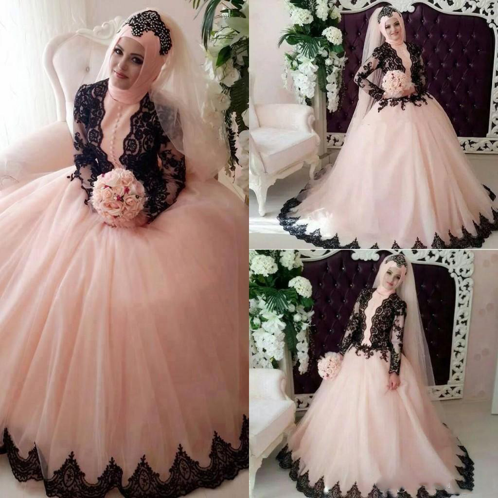 

Muslim Pink Ball Gown Wedding Dresses 2017 Black Lace Applique High Neck With Buttons Bridal Gowns Long Sleeve Floor Length Wedding Dresses, Same as image