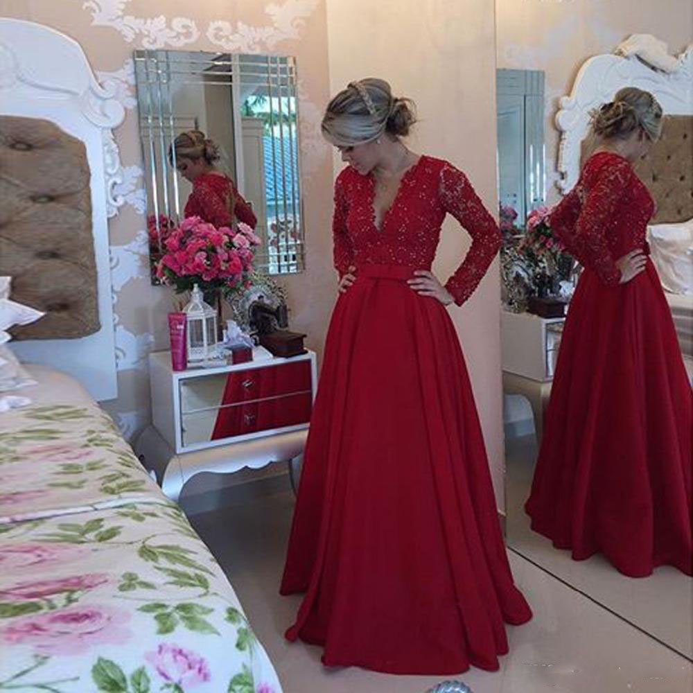 2016 Fabulous Long Sleeves Lace Top Red A Line Satin Prom Dresses Deep V Neckline Backless Beaded Pearls Women Evening Party Gowns