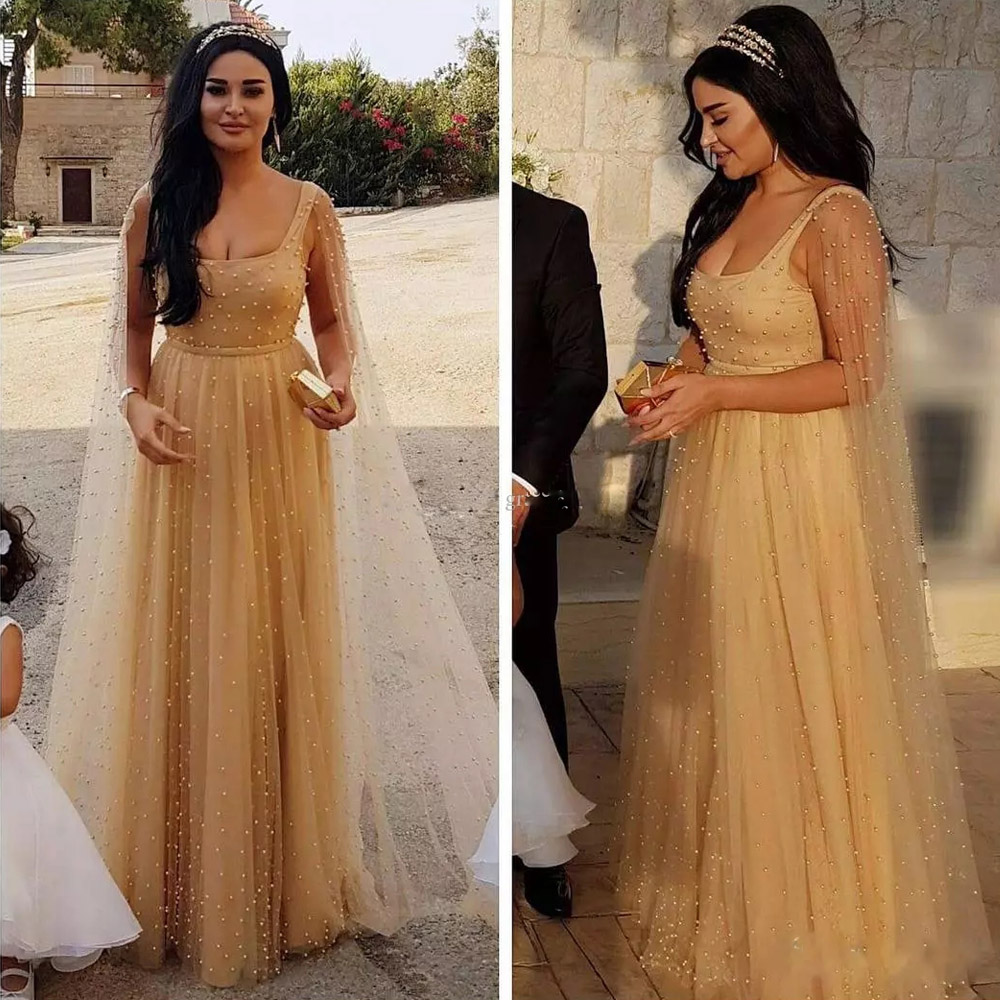 

Champagne Tulle A-Line Square Neck Arabic Evening Dresses Stunning Pearls Elegant Long Evening Gowns for Women with Caftan Party Dresses, Fuchsia