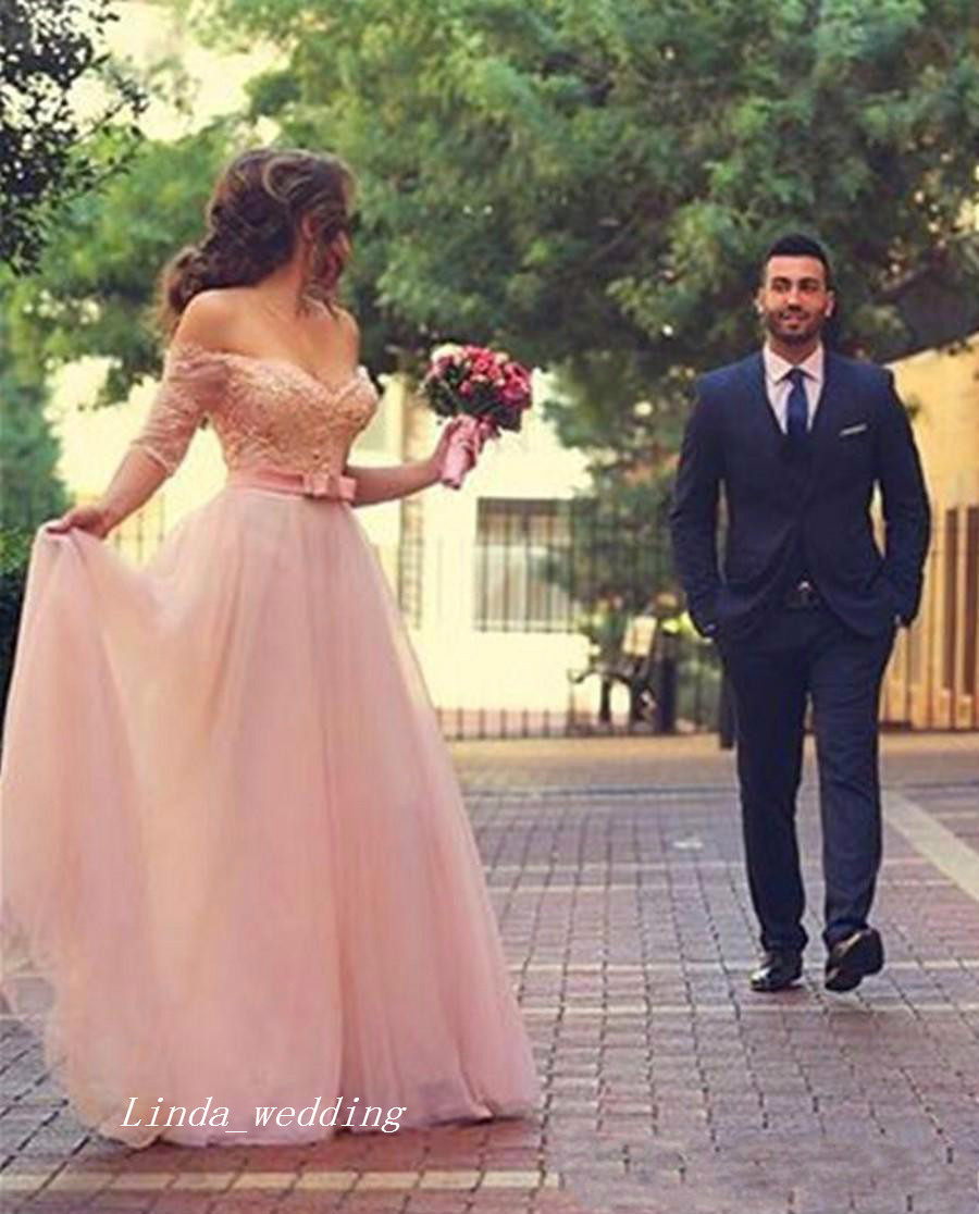 

New Off The Shoulder Blush Pink Wedding Dresses Princess Chiffon Floor Length Long Bridal Party Gowns