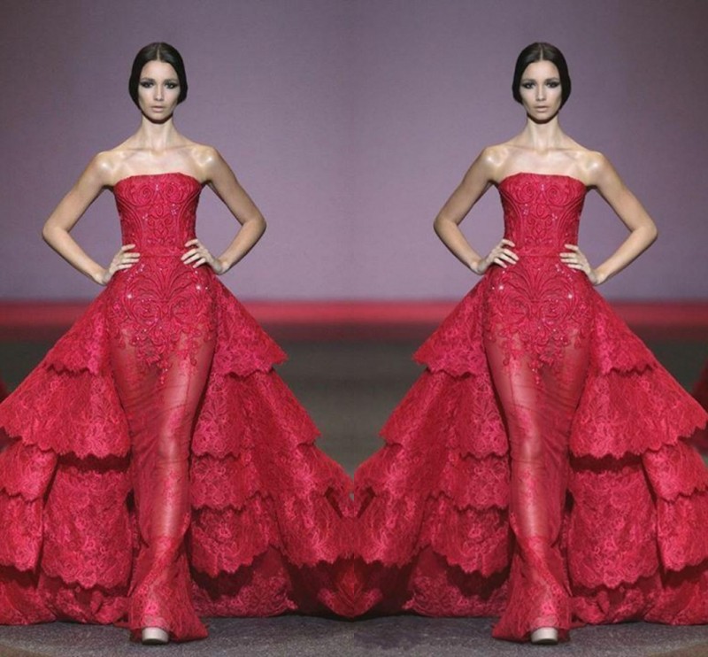

Amazing Red Lace Tiered Prom Dresses Sexy Strapless Sheath See Through Evening Gowns Layered Sweep Train Runway Fashion Pageant Dresses, Blue