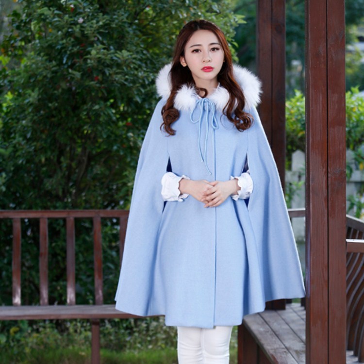 

Wholesale-Womens Capes And Ponchoes 2016 New Autumn Winter Long Vintage Wool Coat Women Hooded Fur Poncho Manteau Femme Cloak, Blue