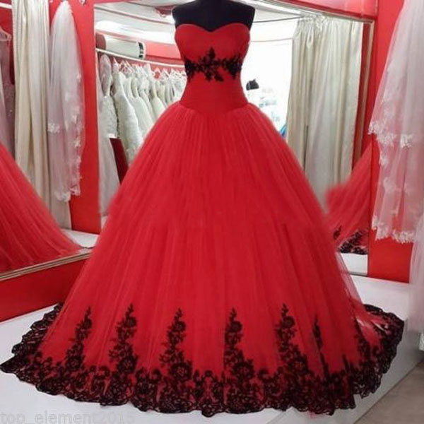 

New Arrival Gothic Wedding Dresses Puffy Ball Gown Red and Black Lace Appliques Soft Tulle Bridal Gowns Custom Made Party Wear, Ivory