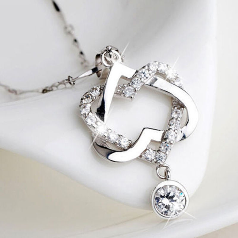 

Fashion 925 Silver Plated Rose Gold Women Double Heart Pendant Necklace with Micro CZ Crystal Pave Chain Jewelry