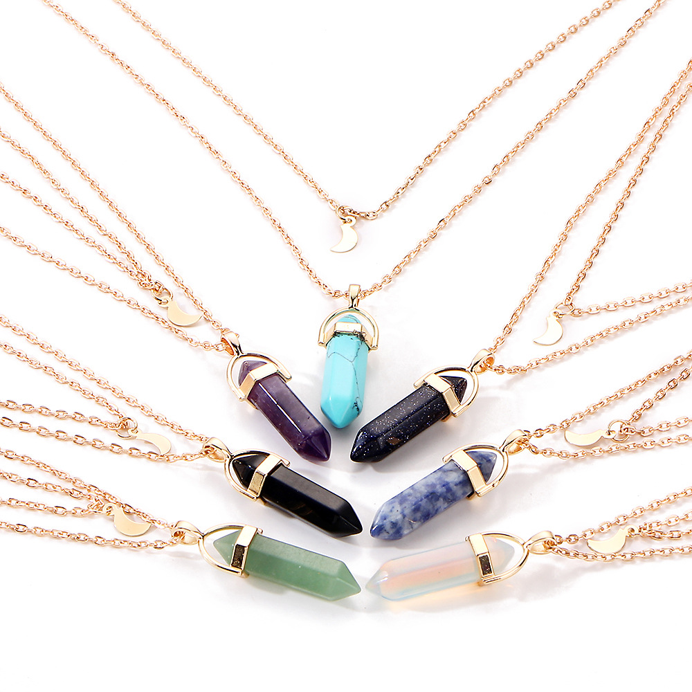 7 styles Natural Stone Pendant Double-deck moon Drusy Necklace Stainless Steel chain Bullet Hexagonal Jewelry for women men