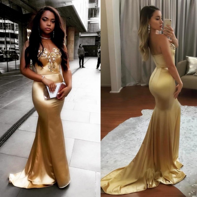 

Gold Mermaid Prom Dresses Sexy Strapless Lace Appliques Evening Gowns Satin Zipper Back Sweep Train Formal Party Dress, Hunter
