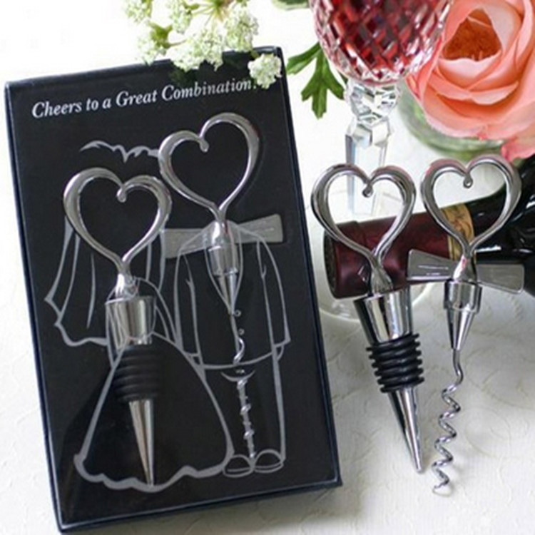 

Wine Bottle opener Favor Heart Shaped Great Combination Corkscrew and Stopper Heart-Shaped Sets Wedding Favors Gift 2pcs/set, Silver