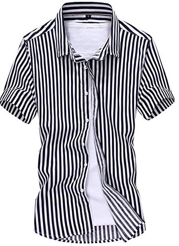 

Wholesale-NQ Men's Vertical Stripe Short Sleeve Korean Button Shirts, Black