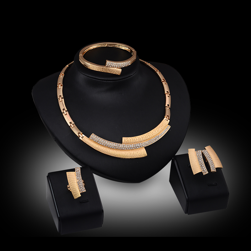Earrings Necklaces Rings Bangles Sets Women Fashion Full Rhinestone 18K Gold Plated Geometric Wedding Jewelry 4-piece Set Wholesale JS034