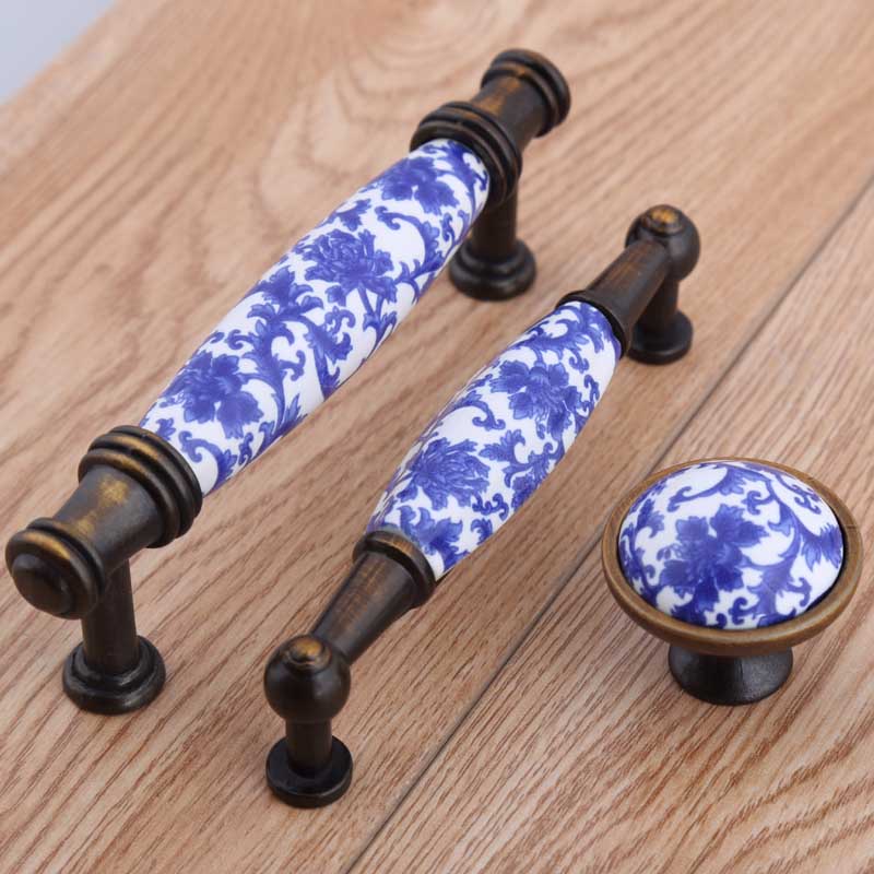European 96mm bronze dresser white and blue drawer cabinet pull blue flower ceramic handle furniture handles-image-390058869