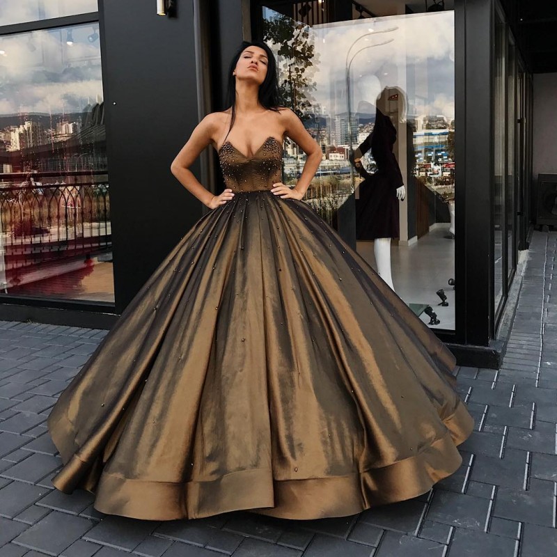 

Hot Sale Brown Ball Gown Prom Dresses Beaded Strapless Neck Formal Dress Custom Made Taffeta Floor Length Quinceanera Gowns, Green
