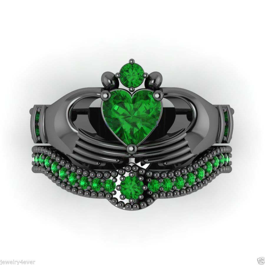 

Ireland Eternal Claddagh Ring Sets Classic 10KT Black Gold Filled 1CT Heart Green Sapphire Women's Wedding ring for Women Gift Size 5-11