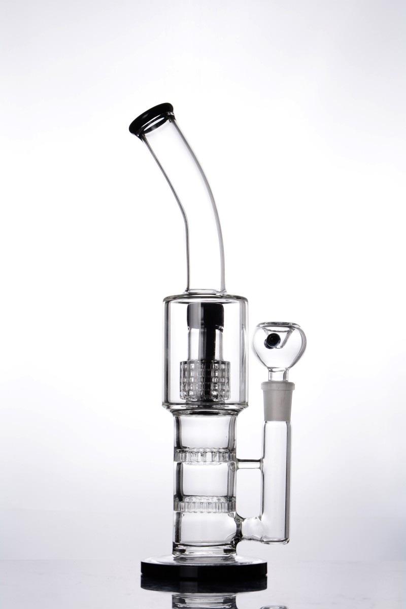 

Birdcage Recycler with Double Fliter Thick Bent Neck Glass Bongs Beautiful Black Matrix Perc Straight Tube Water Pipe Free Shipping