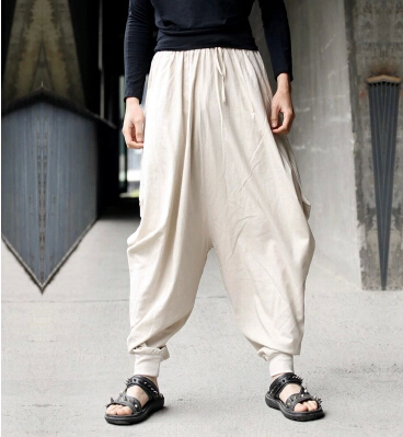 

Men trousers Japanese Samurai Style Boho Casual Low Drop Crotch Loose Fit Harem Baggy Hakama Capri Cropped Linen Pants Trousers, Black