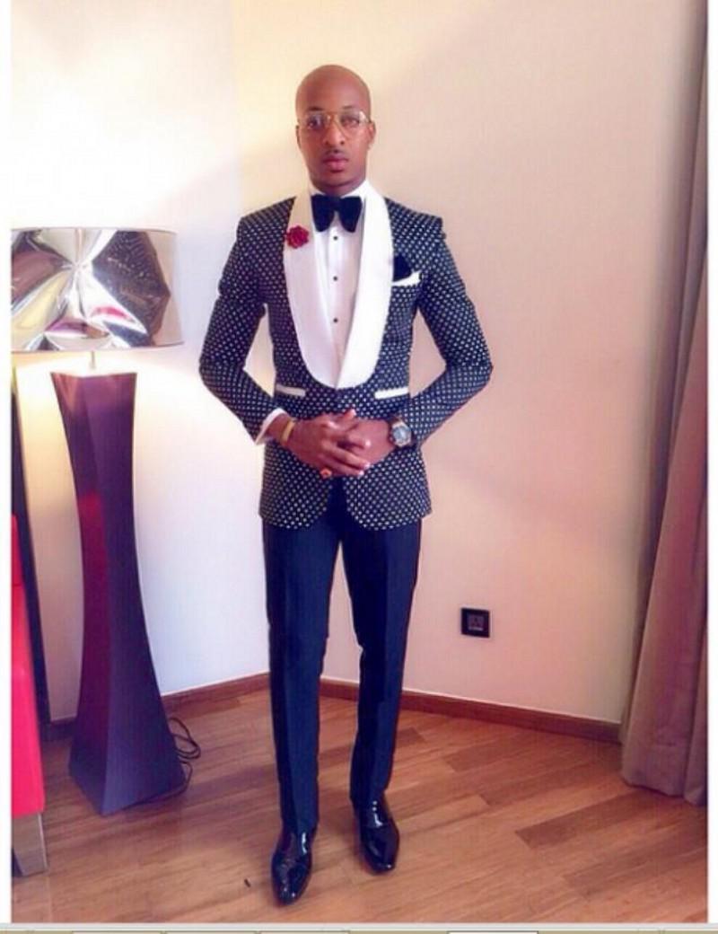 

One Button Navy Blue Polka Dot Groom Tuxedos Groomsmen Shawl Lapel Best Man Wedding Prom Dinner Suits (Jacket+Pants+Girdle+Bow Tie) H473, Same as image