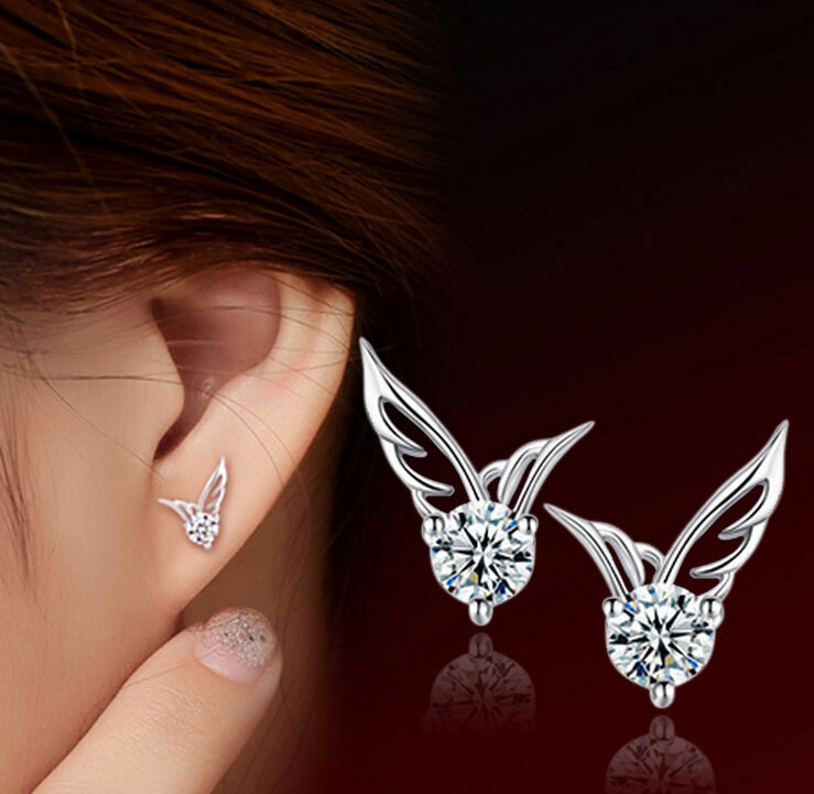 

Women Angel Wings Stud Earrings Fashion South Korea Bohemian White Gold Overlay Ear Jewelry 925-Sterling-Silver Austrian Crystal Angel Wing, Golden;silver