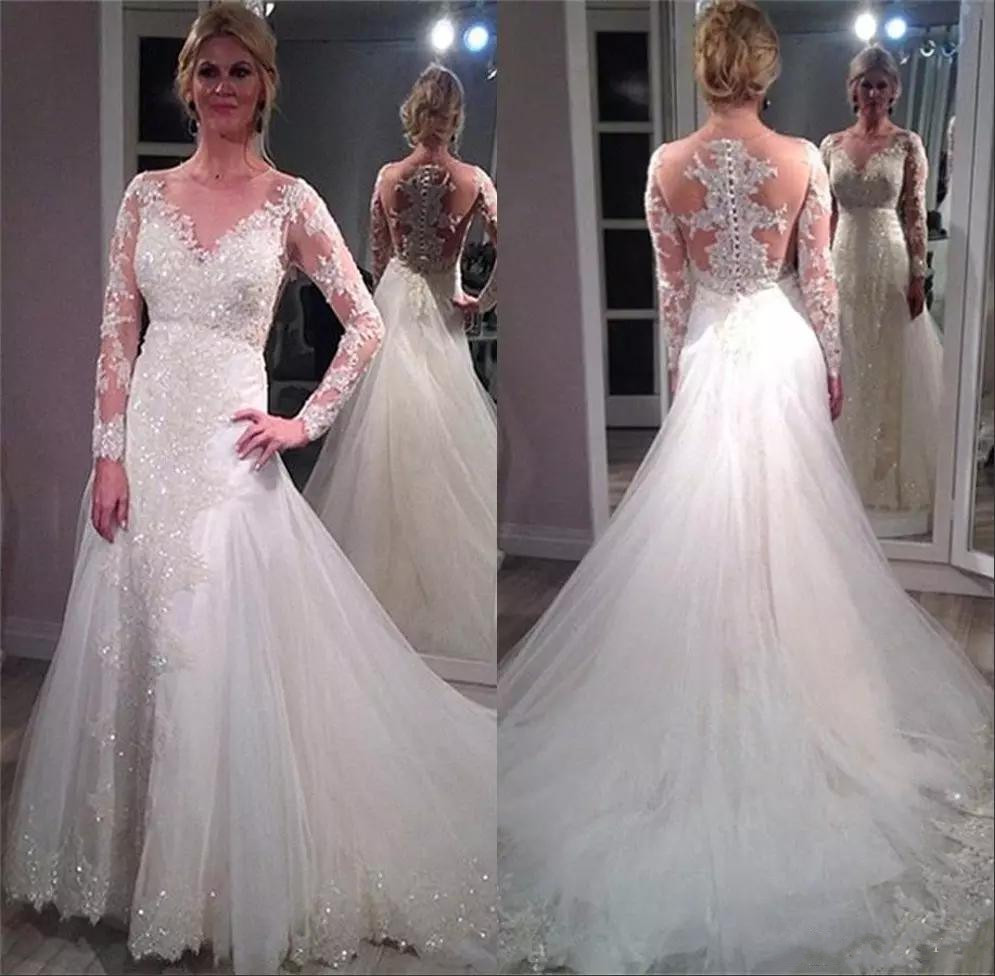 

Vintage Crystal Lace Applique Wedding Dresses With Long Sleeves Sweep Train Mermaid Wedding Gowns Custom Made Bridal Dress, Champagne