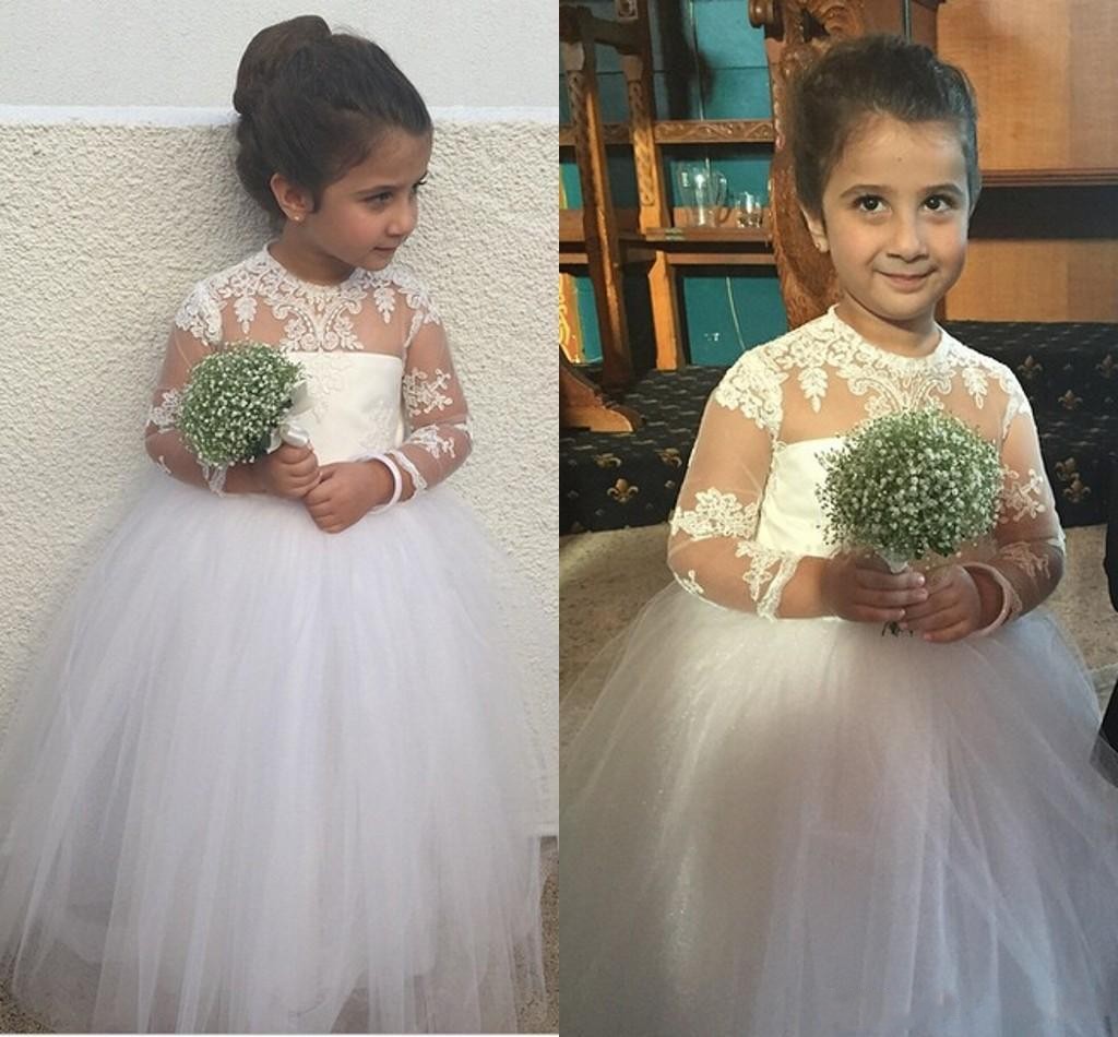 

2016 New Cute Flower Girls Dresses For Weddings Long Sleeves Lace Appliques Tulle Illusion Party Birthday Dress Children Girl Pageant Gowns, Orange