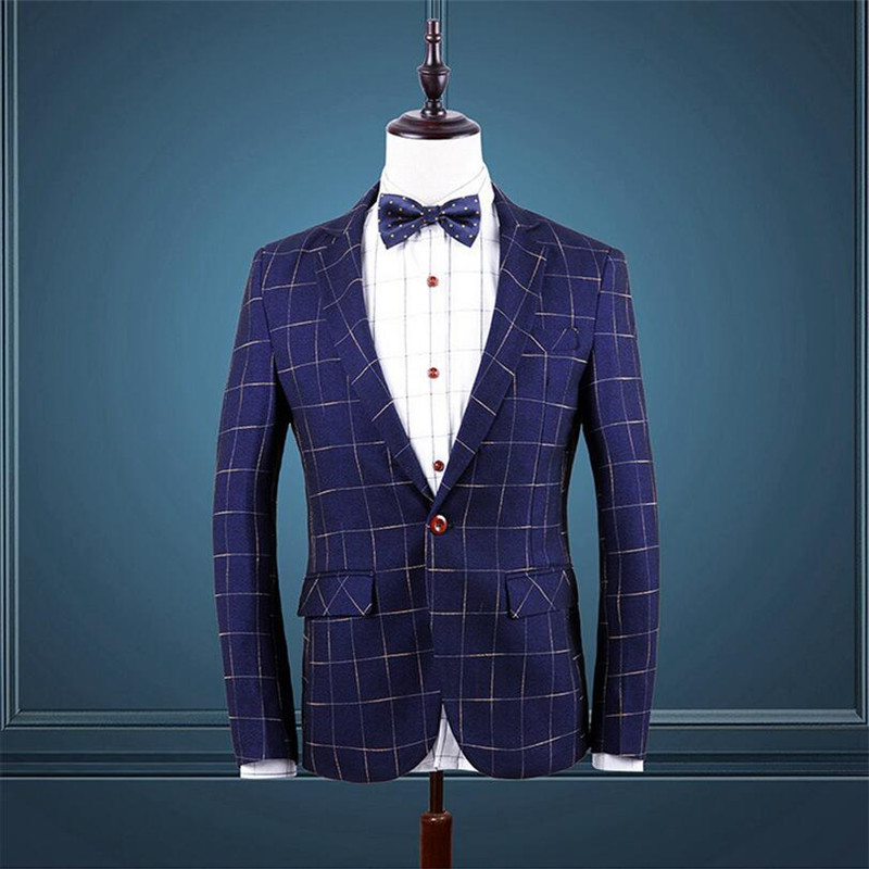 

Wholesale-2016 New Arrival Suit Jacket Fashion Plaid Suit Plus Size Brand-Clothing Mens Blazer Jacket 2 Colors Jaquetas Masculinas 102Q50, Navy
