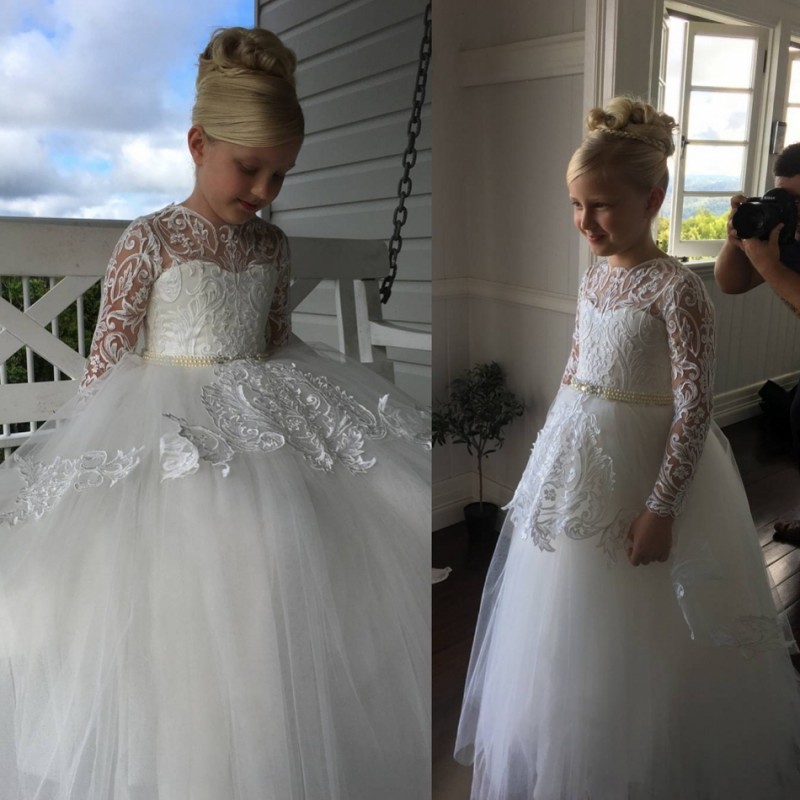 

Real Picture Long Sleeve Girls Pageant Dresses Applique Floor Length Flower Girl Dress For Wedding Gown Kids Formal Dress Christmas Wear, Grape