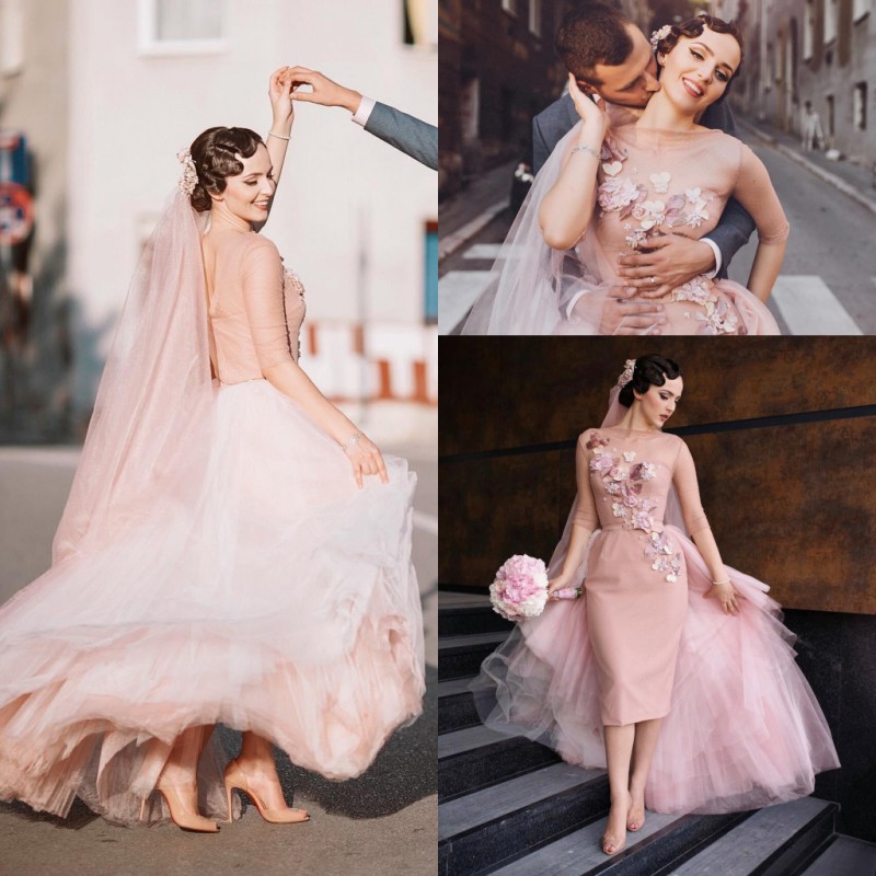 

Vintage Pink Tutu Overskirt Prom Dresses Sheer Neck Half Long Sleeve Sheath Evening Gowns Flower Applique Women Special Occasion Dresses, Dark green
