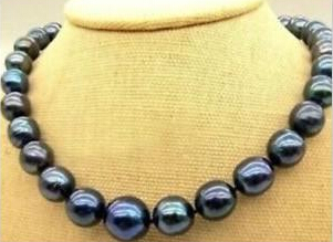 

New Fine huge Pearls Jewelry Wholesale 10-11mm Peacock blue Black Pearl Necklace 48cm 925silver