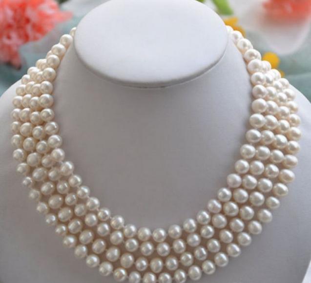 

8-9mm Four Strands Natural White Pearl Necklace 925 Silver Clasp