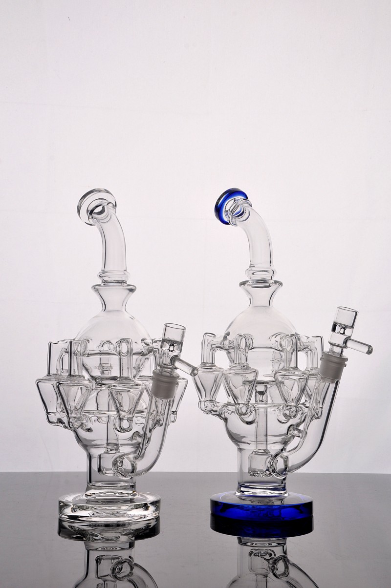 

High quality Thick glass bubbler water pipe 8 arm perc 1gear Percolator glass bong oil rig14.4 mm joint have bowl clear blue