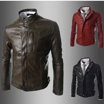 

Fall-Free shipping new winter button collar Korean men's leather jacket minimalist style 3 colors size M-3XL, Red