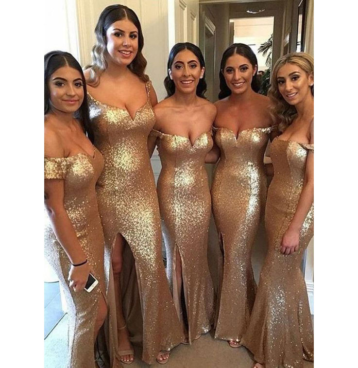 

NEW ARRIVAL Champagne Gold Off the Shoulder Split Side Prom Dresses Evening Dresses for Wedding In Stock, Gray