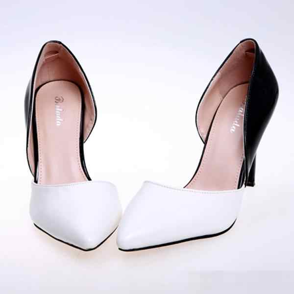 

Fashion Office Career Women's Party Evening Wedding Bridal Shoes 9CM Heels PU White and Black Patent leather Shoes for Women Pointed Toe, Black +white