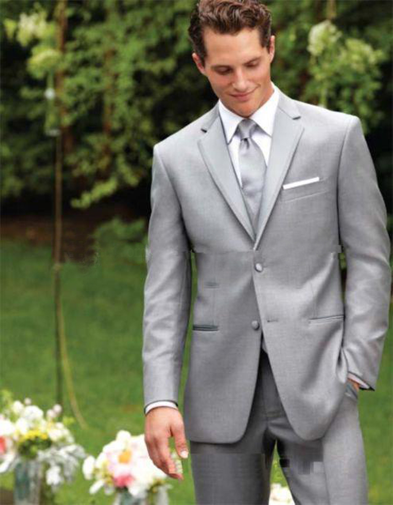 

Wholesale-New Style Two Buttons Light Grey Groom Tuxedos Notch Lapel Groomsmen Best Man Mens Wedding Suits(Jacket+Pants+tie