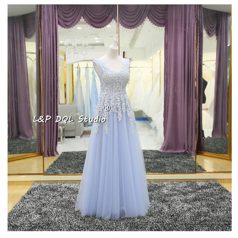 

Light Blue Evening Gowns Long Prom Dresses V-Neck Sleeveless Pleats Tulle Floral Applique with Beads formal dress, Ivory
