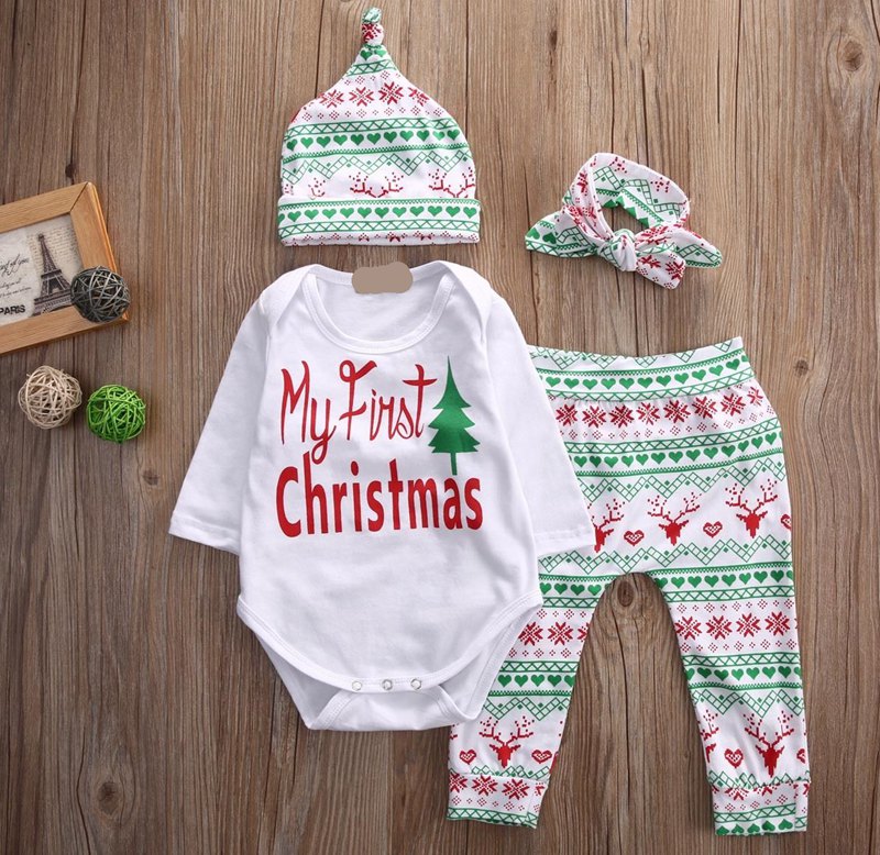Nouveau-né 2017 Christmas Deer Bébé Baby Baby Garçons Filles Notions de Noël Vêtements Pantalons Romper Leggings Chapeau Bandeau 4pcs Set 0-2 ans