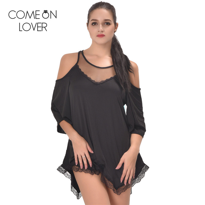

Wholesale- RE80190 Plus size three color mesh night dress autumn winter wear sexy women sleepwear sexy lingerie o-neck lace sexy underwear, Black