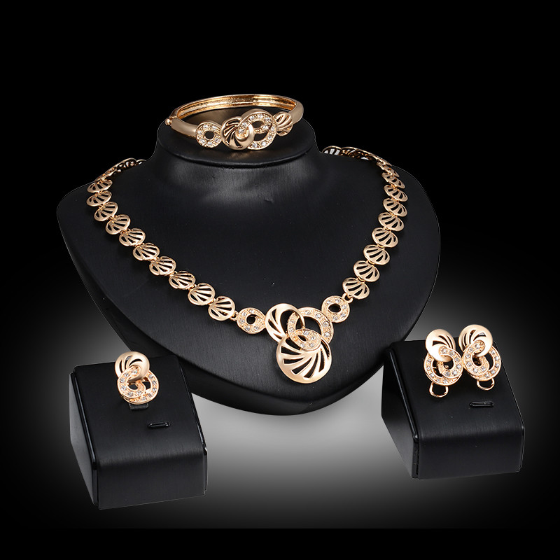 Necklaces Earrings Bangles Rings Jewelry Sets Fashion Women Quality Rhinestone Gold Plated Geometric Circles Party Jewelry 4-Piece Set JS137
