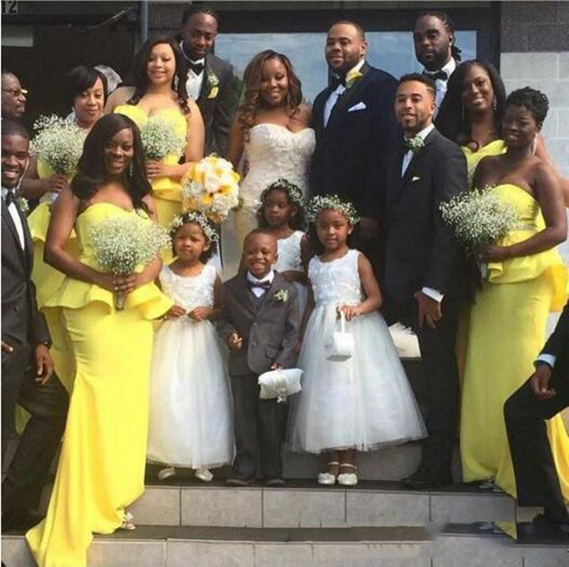 

Yellow Mermaid Formal Arabic Bridesmaid Dresses Sweetheart Backless Ruffles Beaded Crystals Sweep Train Custom Made Chiffon Prom Gowns