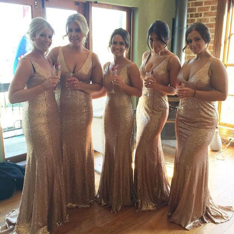 

Sexy Deep V Neck Gold Sequined Evening Dresses 2017 Plus Size Sheath Bridesmaid Dresses Floor Length Wedding Guest Party Gowns Custom Made