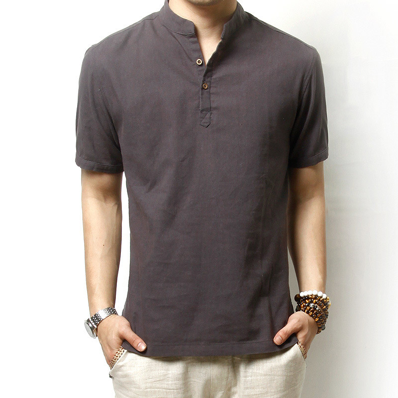 

Wholesale-Summer Men`s Linen Cotton Blended Short Sleeve Shirt Mandarin Collar Breathable Comfy Traditional Chinese Style Shirts For Men, Army green