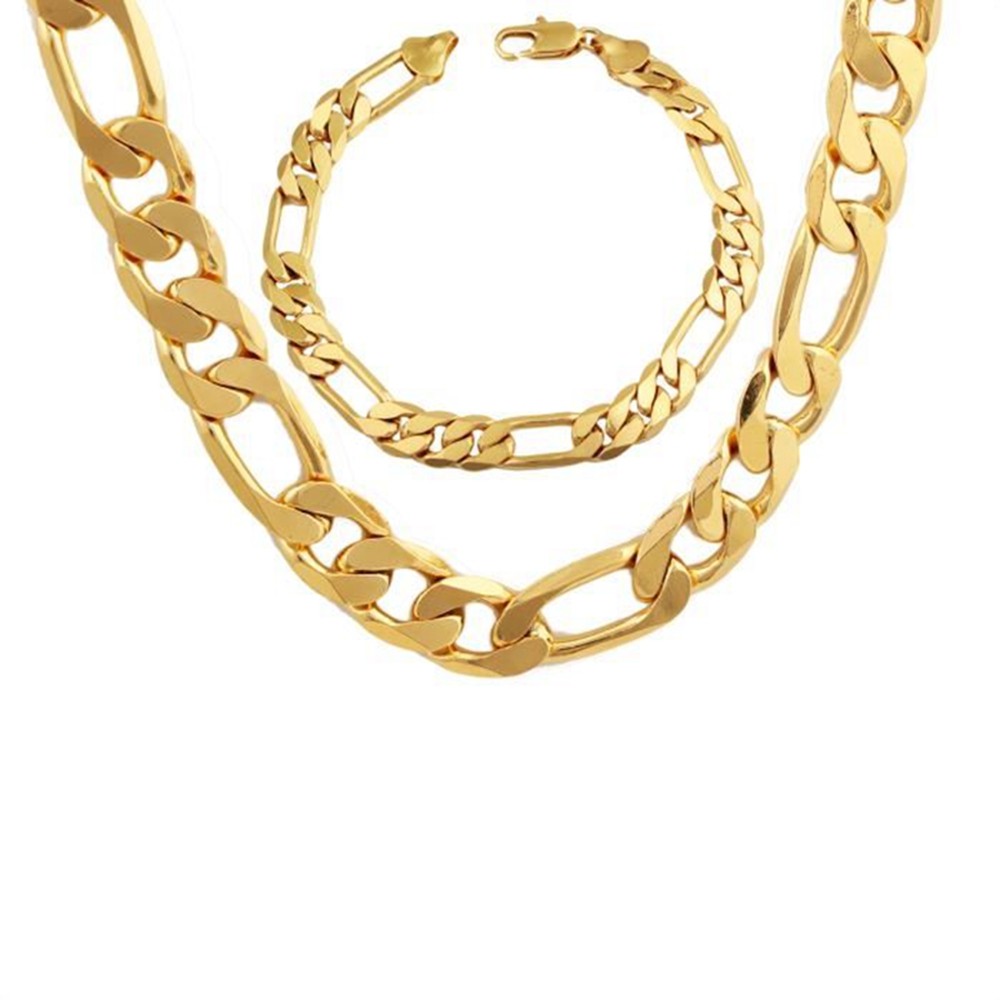Mens Accessories 18k Yellow Gold Filled Mens Necklace Bracelet Set Figaro Chain Set (24"+8.6")-image-390161556