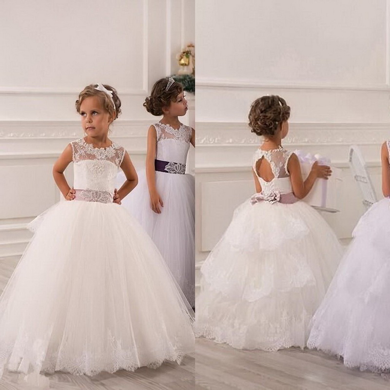 

New Hot Flower Girl Dresses Vintage Jewel Sash Lace Net Baby Girl Birthday Party Christmas Communion Dresses Children Girl Party Dress, Purple