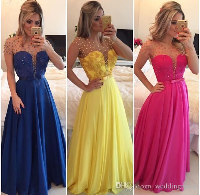 2021 Yellow Prom Dresses Custom Made Chiffon Cheap Long Evening Gowns Royal Blue A Line Sheer Jewel Cap Sleeves with Pearls Lace Appliques