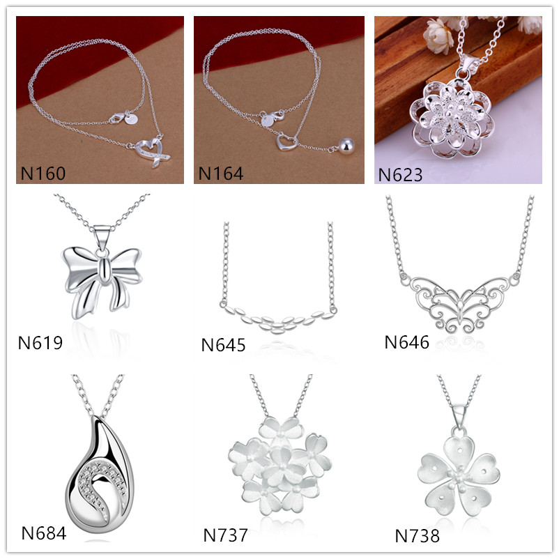 

Butterfly flower 925 silver Necklace(with chain) 10 pieces a lot mixed style,hot sale women's gemstone sterling silver Pendant Necklace EMP4