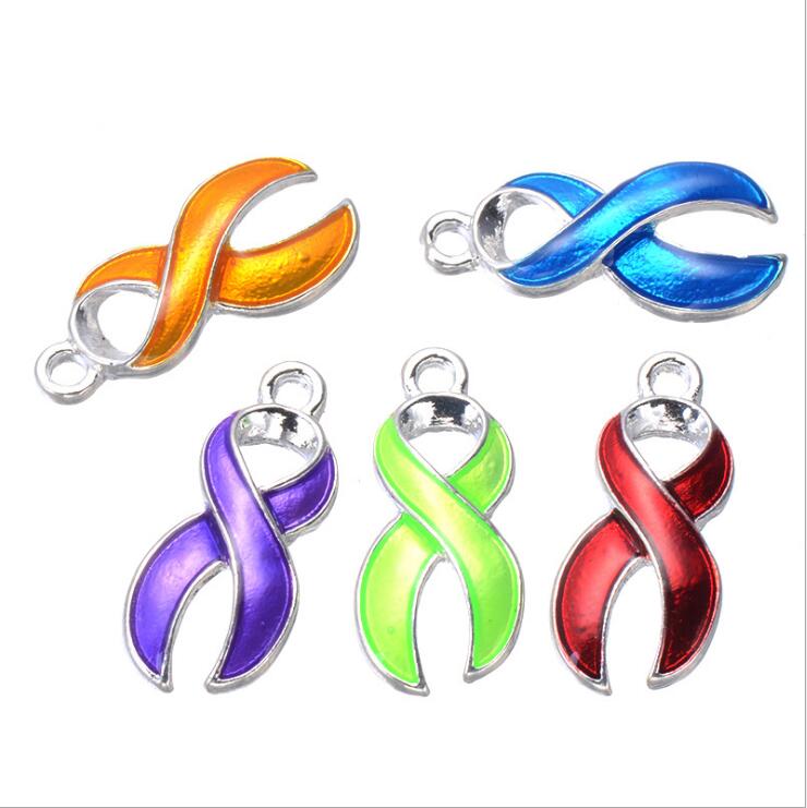 10pcs/lot Silver Plated Enamel Hope Ribbon Cancer Charms Pendants for Jewelry Making DIY Handmade Craft Accessories 19x6mm-image-388388448