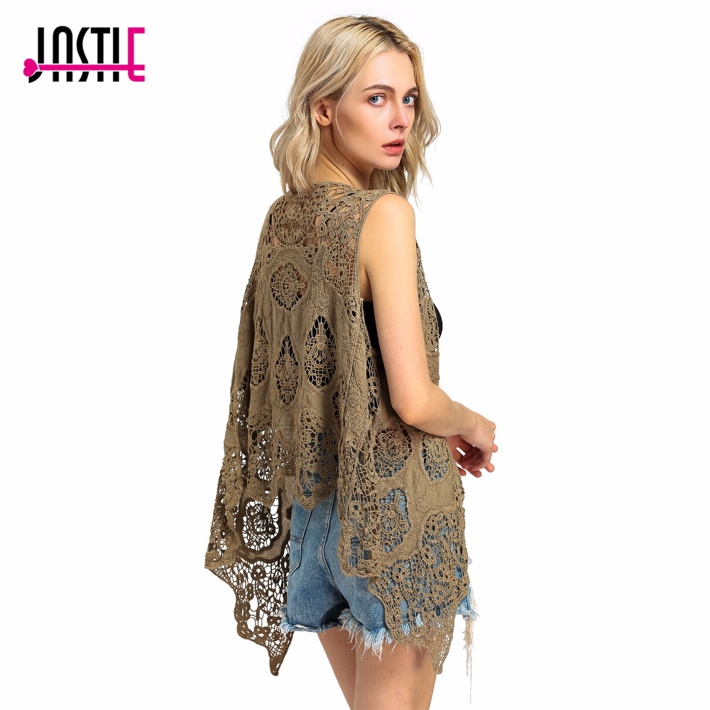 

Wholesale-Jastie Hippie Froral Patch Design Vest Vintage Crochet Summer Beach Cover Up Asymmetric Open Stitch Kimono Z-63, Beige