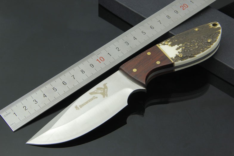

Browning Flying Duck Hunting fixed blade knife 440C Sanding blade Antler+wood handle real leather sheath outdoor camping EDC tool
